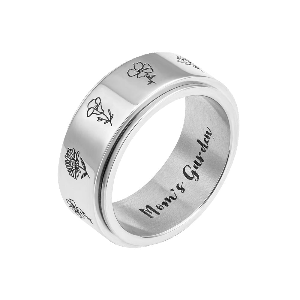 Personalized Birth Flower Ring, Stainless Steel Carved Ring with 1-13 Flowers Spinner Ring