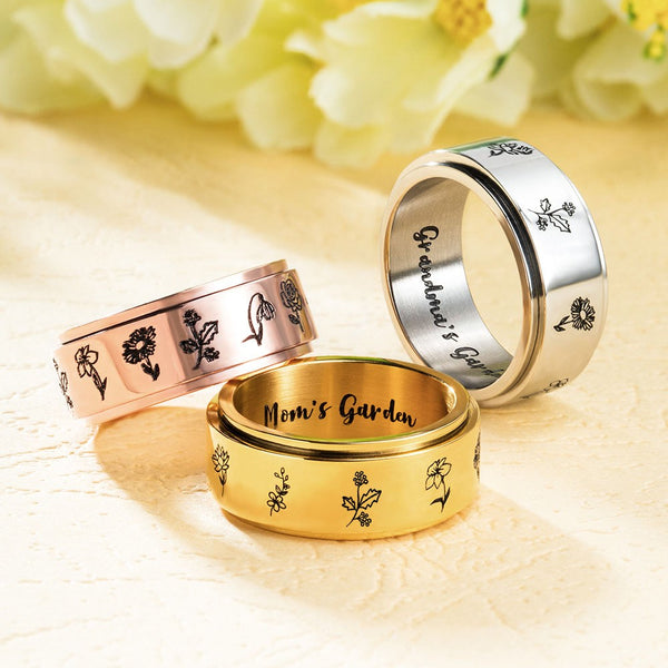 Personalized Birth Flower Ring, Stainless Steel Carved Ring with 1-13 Flowers Spinner Ring