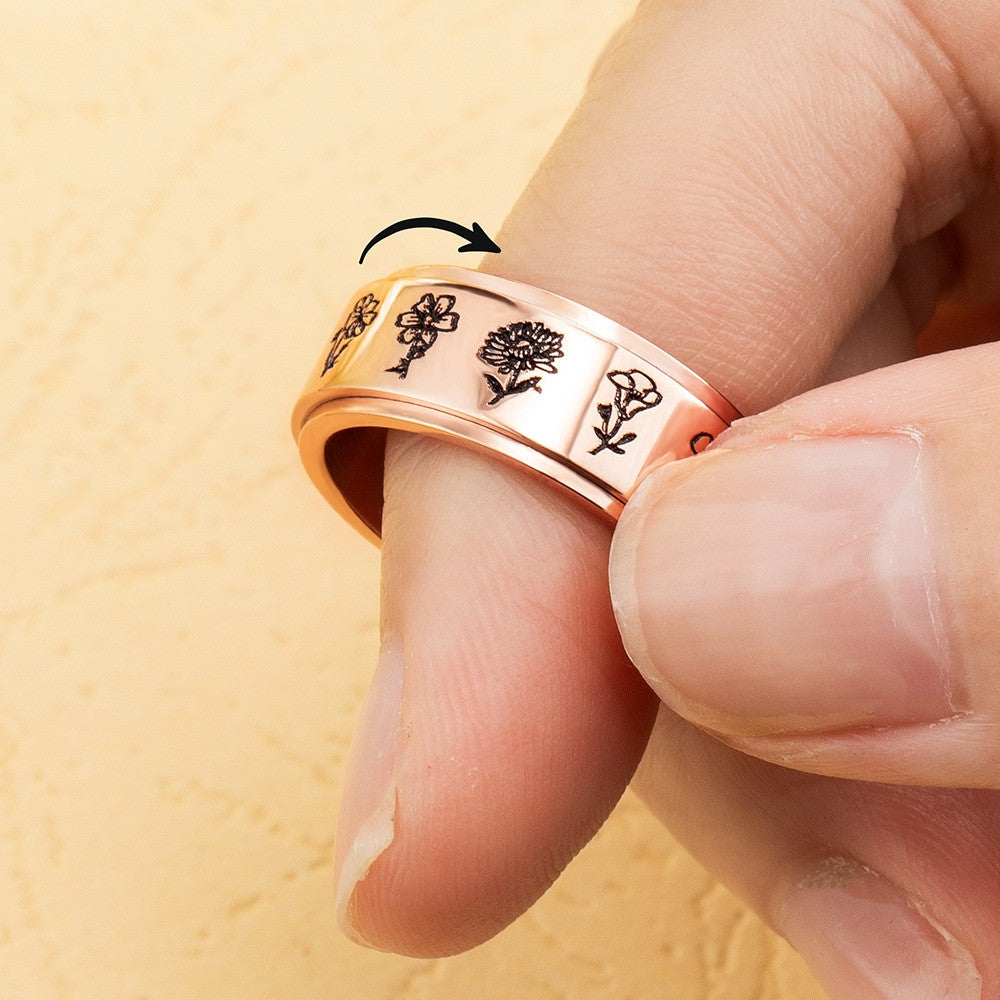 Personalized Birth Flower Ring, Stainless Steel Carved Ring with 1-13 Flowers Spinner Ring