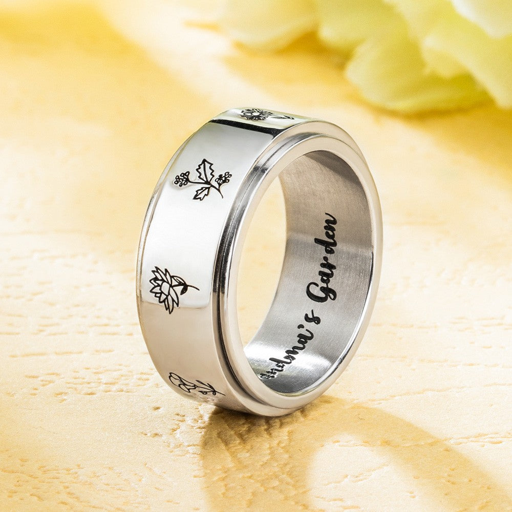 Personalized Birth Flower Ring, Stainless Steel Carved Ring with 1-13 Flowers Spinner Ring