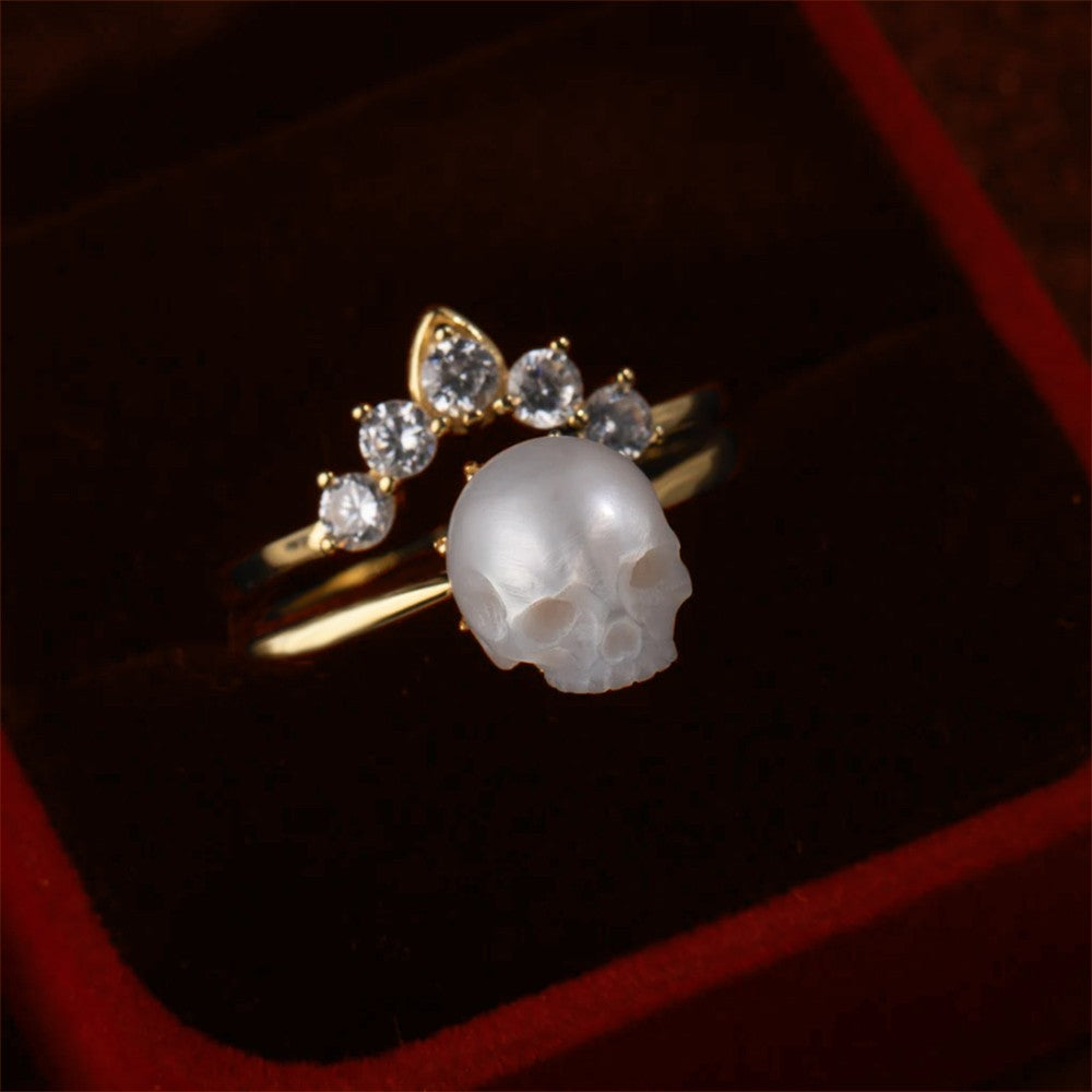 Personalized Pearl Skull Ring Crystal Crown Ring, 2 Pieces Sterling Silver Ring Stackable Matched Ring