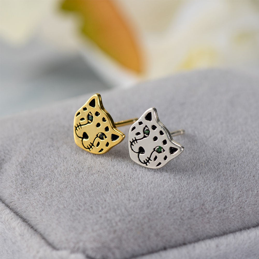 Leopard Face Stud Earrings, Nature Inspired Animal Earrings, Sterling Silver 925 Leopard Earrings Platinum/Gold Plated, Gift for Pet Lovers/Women