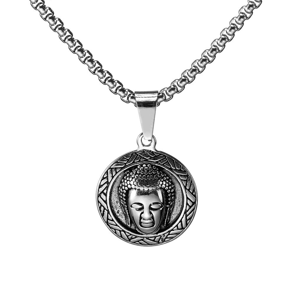 Buddha Head Pendant Necklace, Stainless Steel Waterproof Men's Necklace, Buddhist Jewelry Lucky Amitabha Amulet, Gift for Father/Husband/Boyfriend/Men