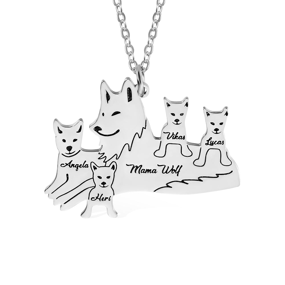 Personalized Wolf Necklace, Mama Wolf Necklace with 1-8 Names, Stainless Steel Necklace, Family Gift for Mother/Grandma