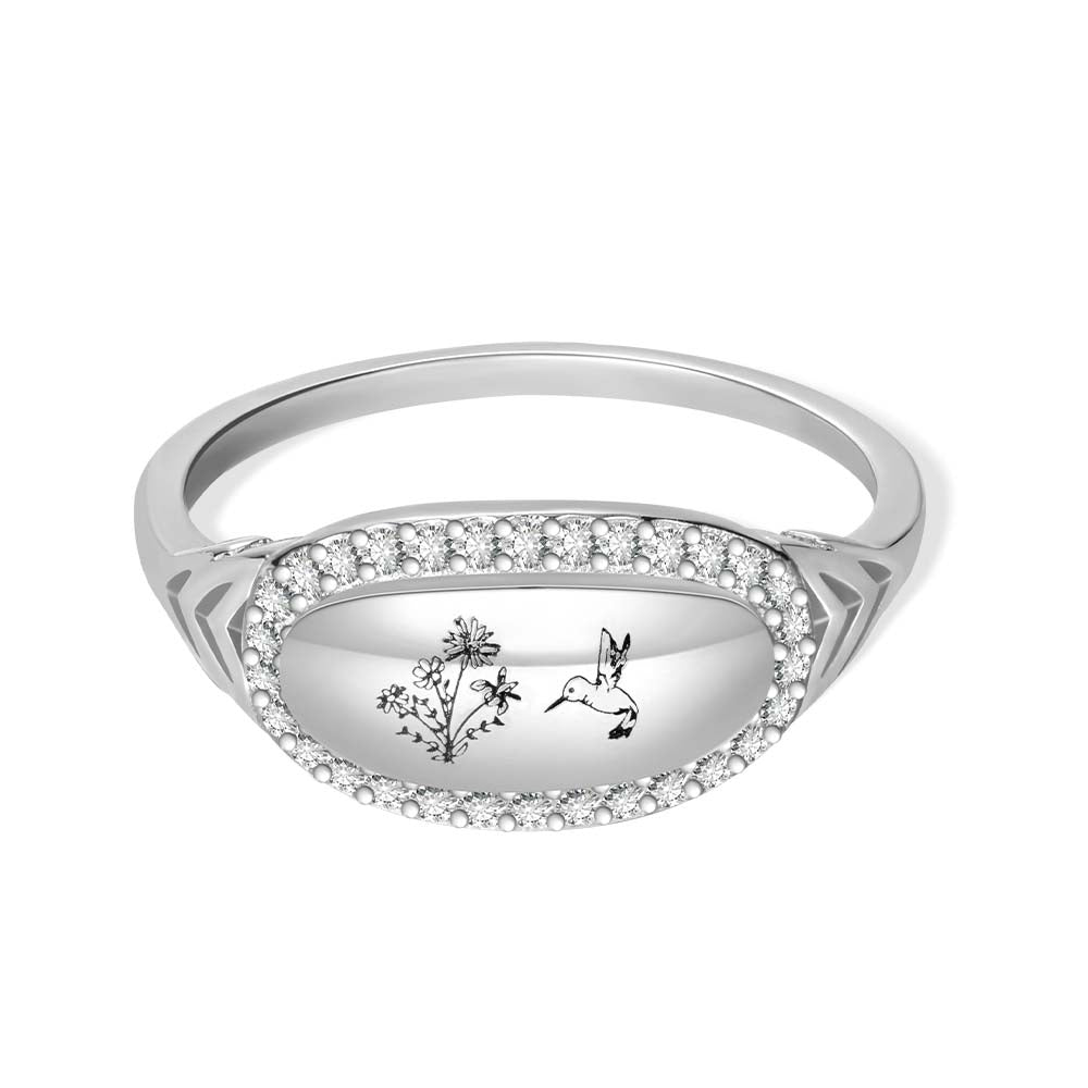 Personalized Birt Flower Hummingbird Ring Sterling Silver