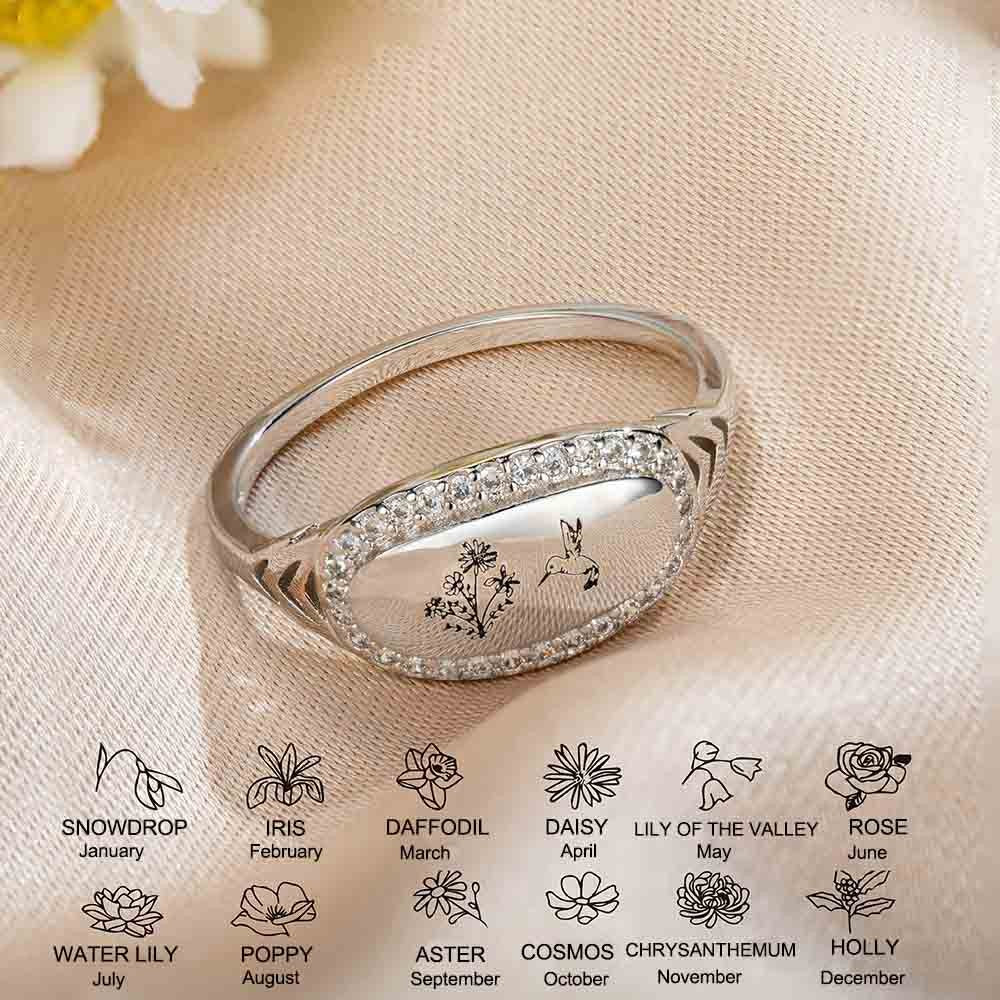 Personalized Birt Flower Hummingbird Ring Sterling Silver