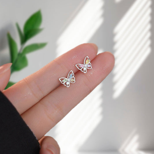 Crystal Colorful Butterfly Earrings, Dainty Stud Earrings, Sterling Silver 925 Jewelry