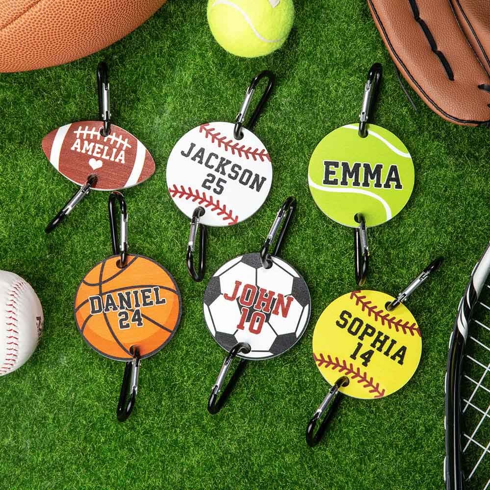 Custom Name Acrylic Bag Tag in Ball Shape, Baseball Softball Basketball Football Bag Hanging, Birthday/Party Favor Gift for Player/Friends/Family