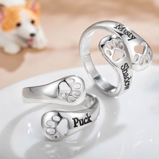 Custom Engraved Dog Paw Ring, Personalized Sterling Silver 925 Dog Memorial Jewelry, Open Adjustable Ring, Gift for Pet Lover/Family/Friend/Lover