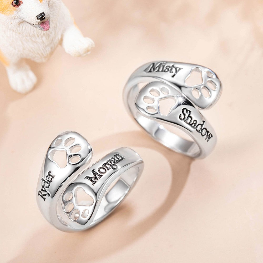 Custom Engraved Dog Paw Ring, Personalized Sterling Silver 925 Dog Memorial Jewelry, Open Adjustable Ring, Gift for Pet Lover/Family/Friend/Lover