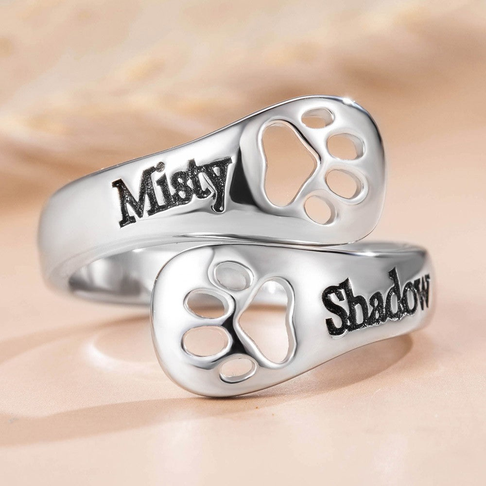 Custom Engraved Dog Paw Ring, Personalized Sterling Silver 925 Dog Memorial Jewelry, Open Adjustable Ring, Gift for Pet Lover/Family/Friend/Lover