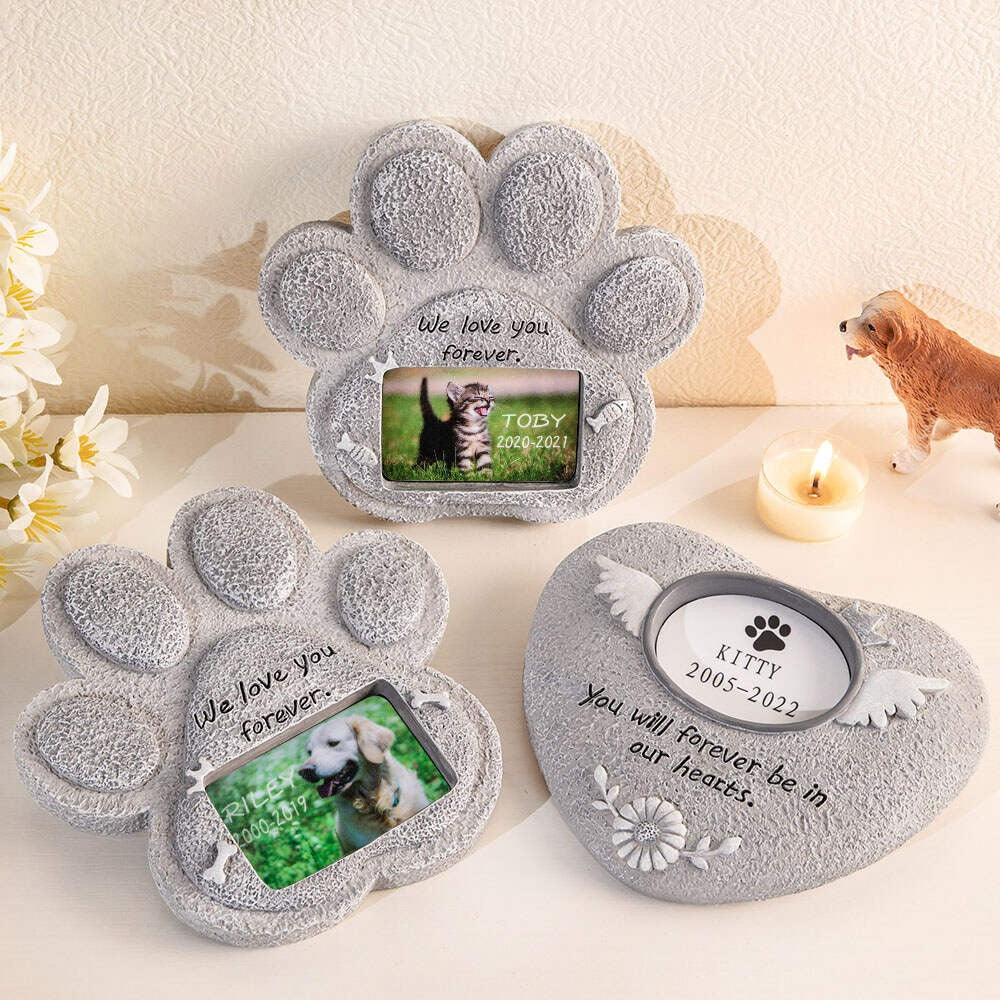 Text Custom Paw Print Pet Memorial Stone, Resin Simulation Memorial Text   Stone, Heart Memorial Stone, Pet Tombstone for Cat/Dog, Pet Headstone, Pet Grave Marker