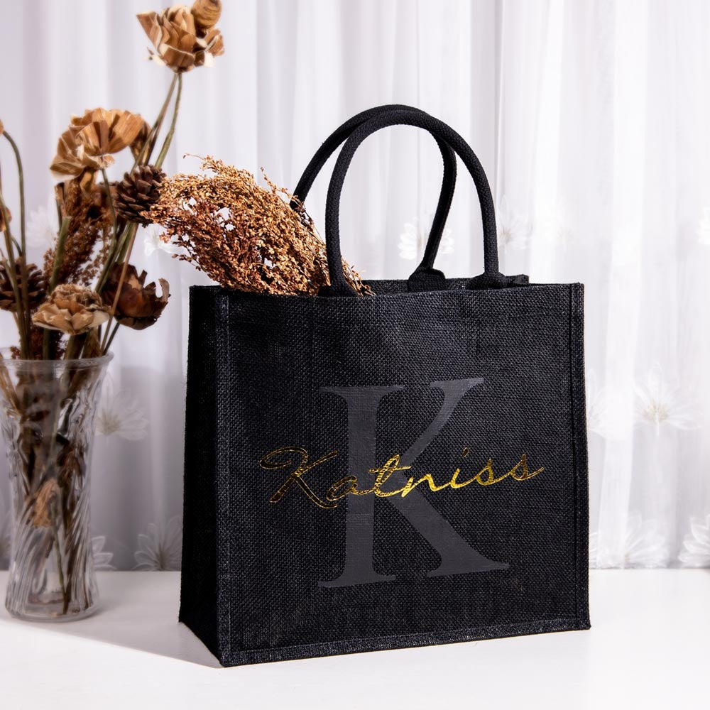 Personalized Name Black Flax Bag, Flax Bag with Initial, Travel Bag, Bridal Party Souvenir, Mother's Day Gift, Gift for Teachers/Bridesmaids