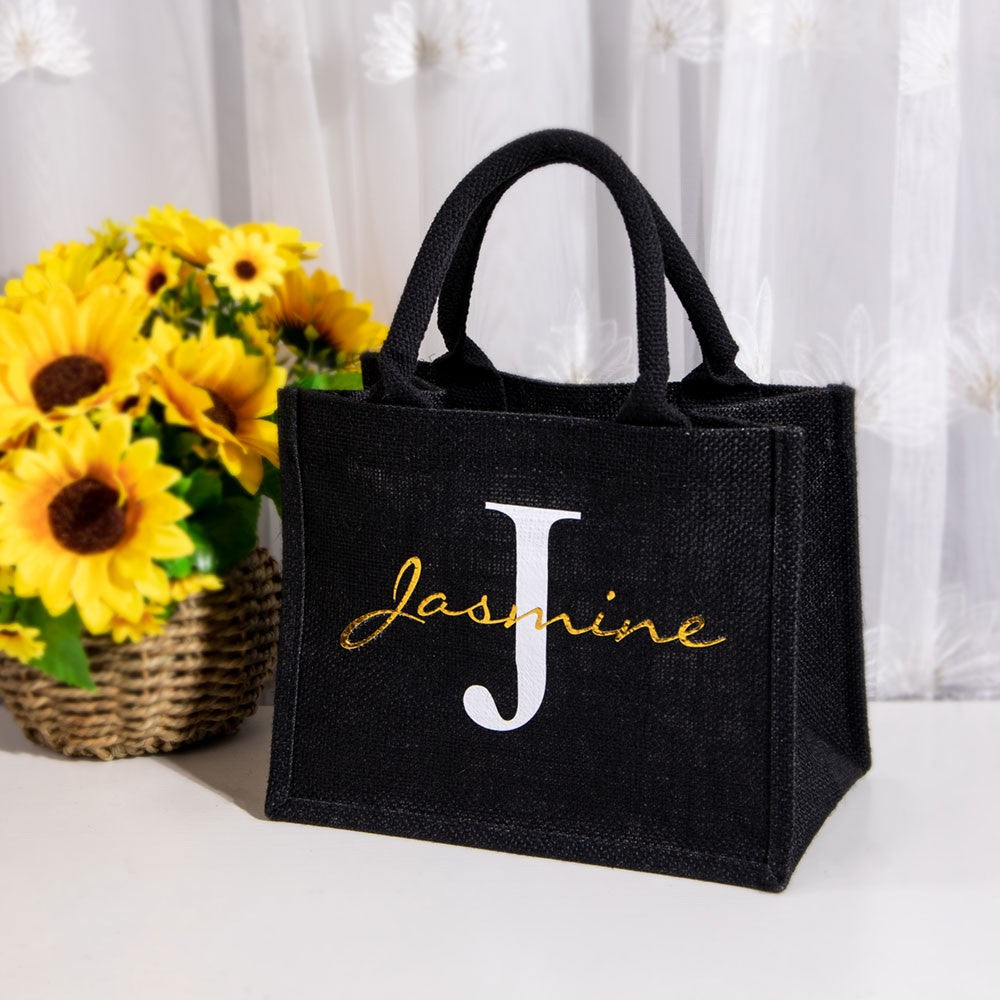 Personalized Name Black Flax Bag, Flax Bag with Initial, Travel Bag, Bridal Party Souvenir, Mother's Day Gift, Gift for Teachers/Bridesmaids