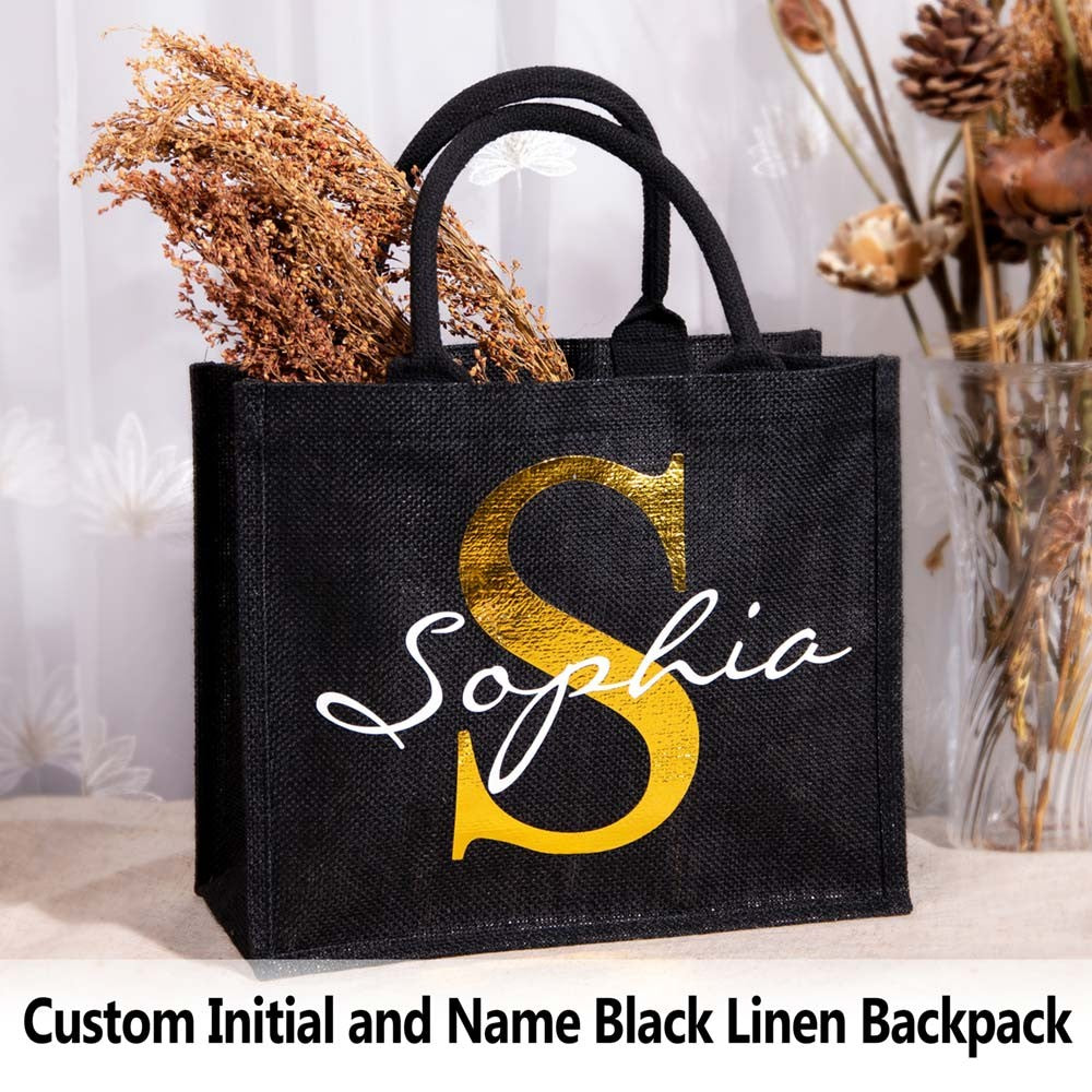 Personalized Name Black Flax Bag, Flax Bag with Initial, Travel Bag, Bridal Party Souvenir, Mother's Day Gift, Gift for Teachers/Bridesmaids