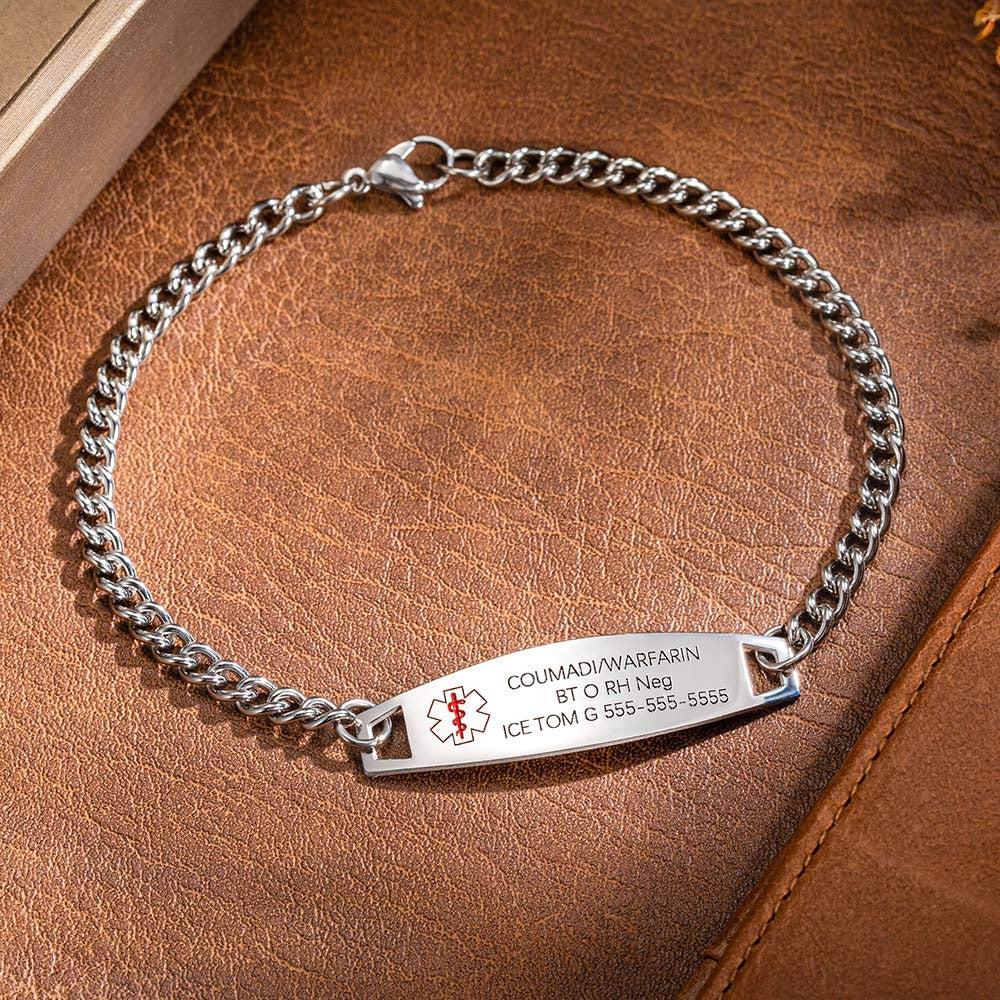 Custom Medical Bracelet, Waterproof Sport Alert ID Bracelet, Stainless Steel ID Tag Bracelet, Emergency Survival Wristband for Men/Women