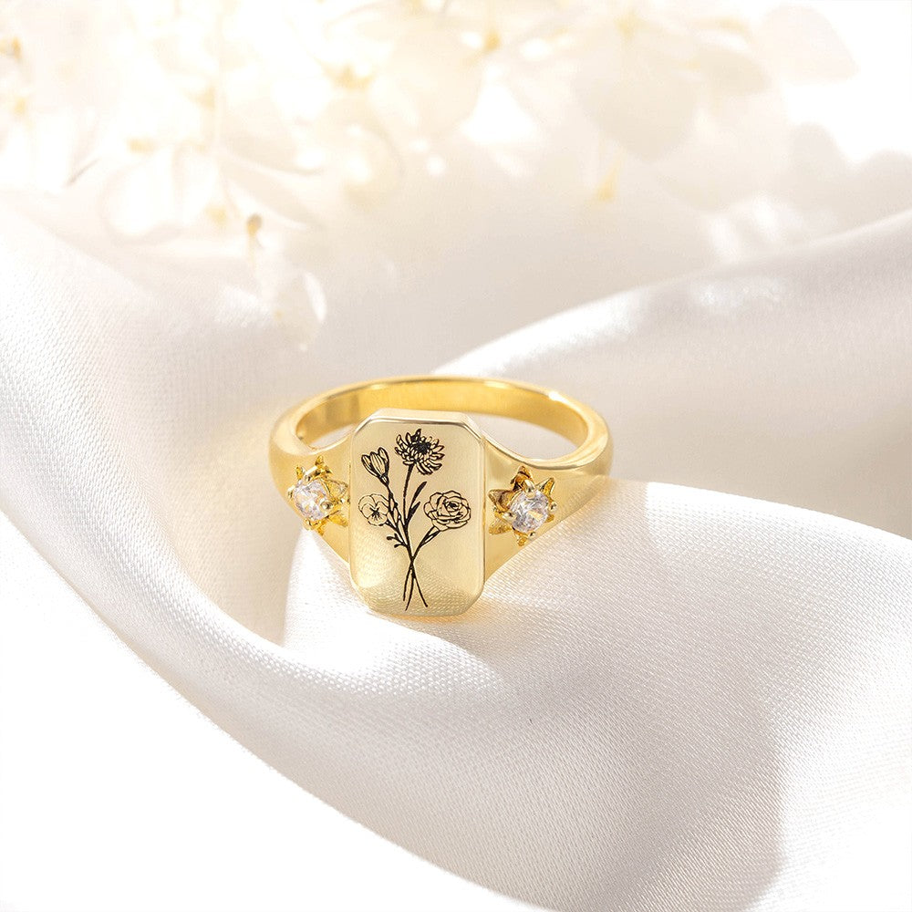 Custom Birth Flowers Signet Ring, Sterling Silver Birth Flowers Bouquet Zircon Family Ring