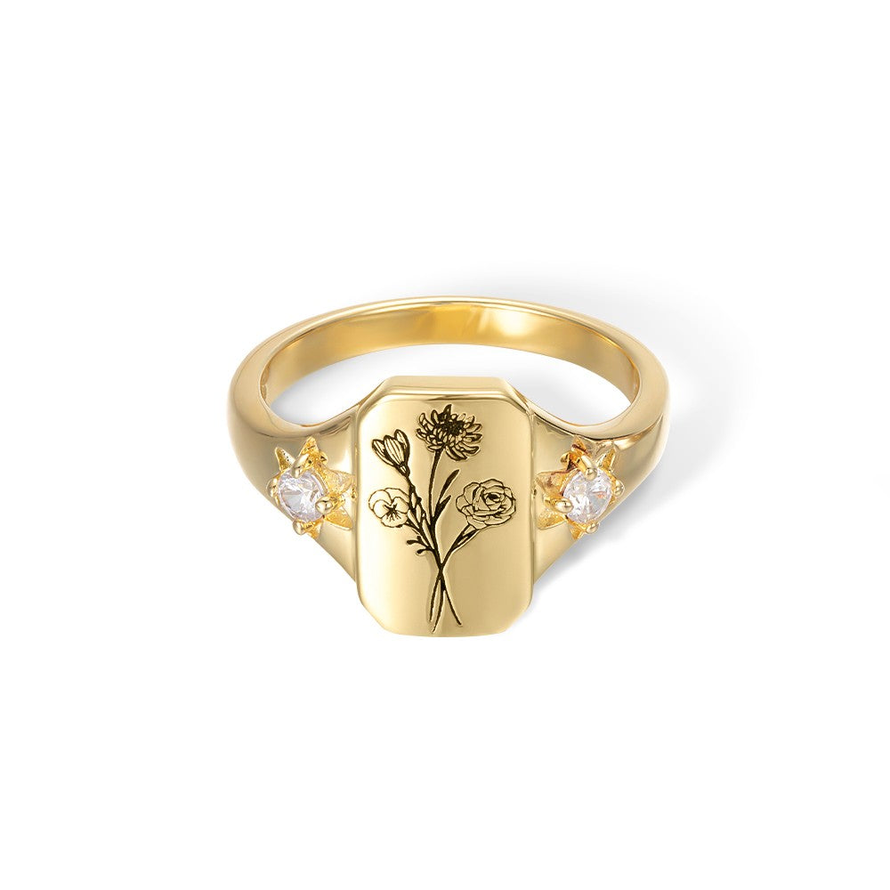 Custom Birth Flowers Signet Ring, Sterling Silver Birth Flowers Bouquet Zircon Family Ring