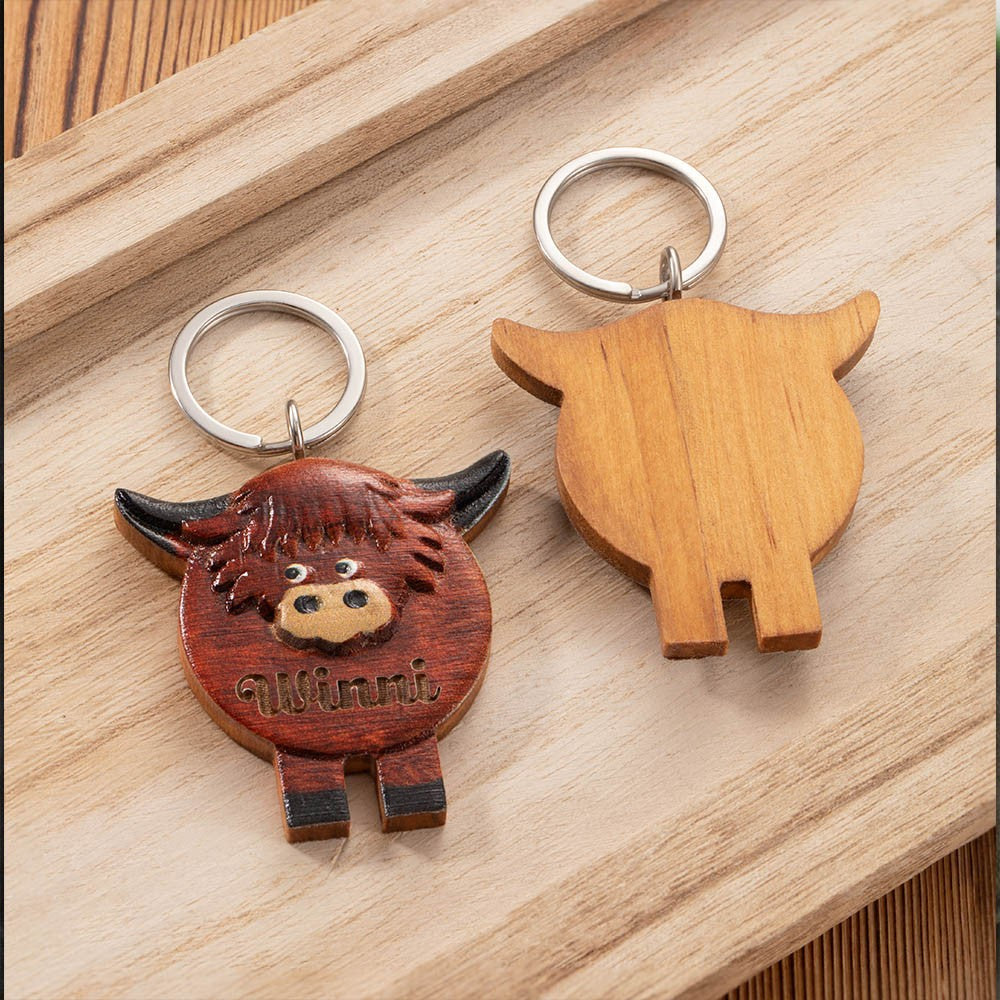 Personalized Highland Cow Keychain, Custom Highland Cow Gift, Wooden Cow Accessories, Cute Keychain, Name Keychain