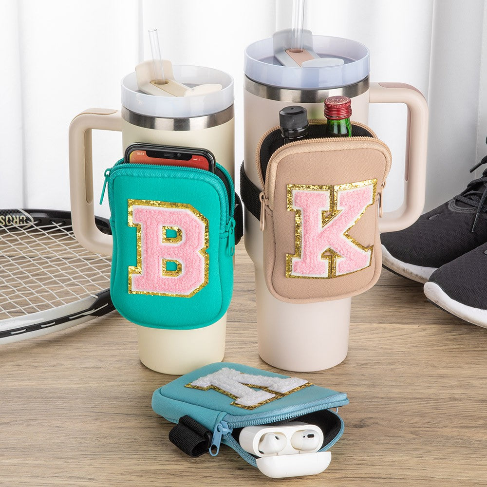 Custom Initial Tumbler Handheld Storage Bag, Portable Sports Water Bottle Pouch, 40oz Tumbler Fanny Pack, Fitness Cup Accessory, Gift for Sports Lover