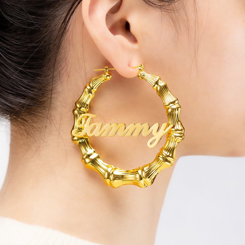 Personalized Name Bamboo Hoop Earrings