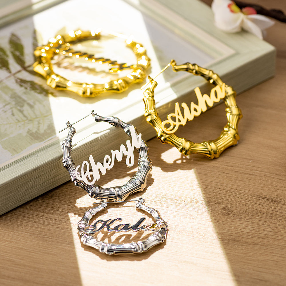 Personalized Name Bamboo Hoop Earrings