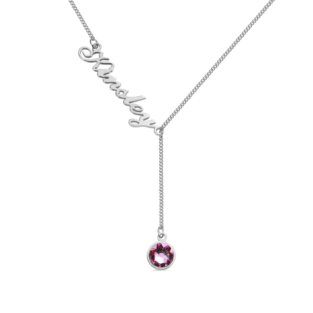 Personalized Simple Name & Birthstone Y Necklace Sterling Silver 925