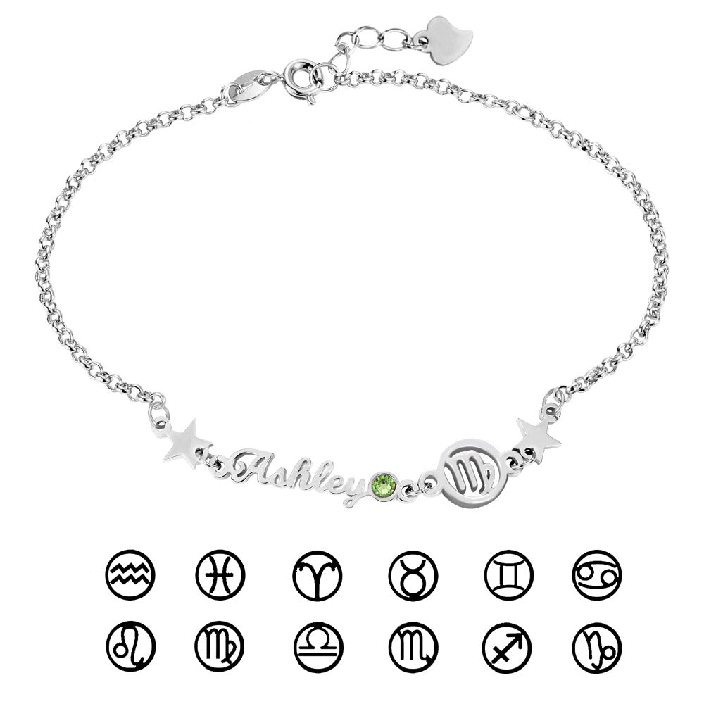 Personalized Constellation Name Bracelet with Birthstone Sterling Silver