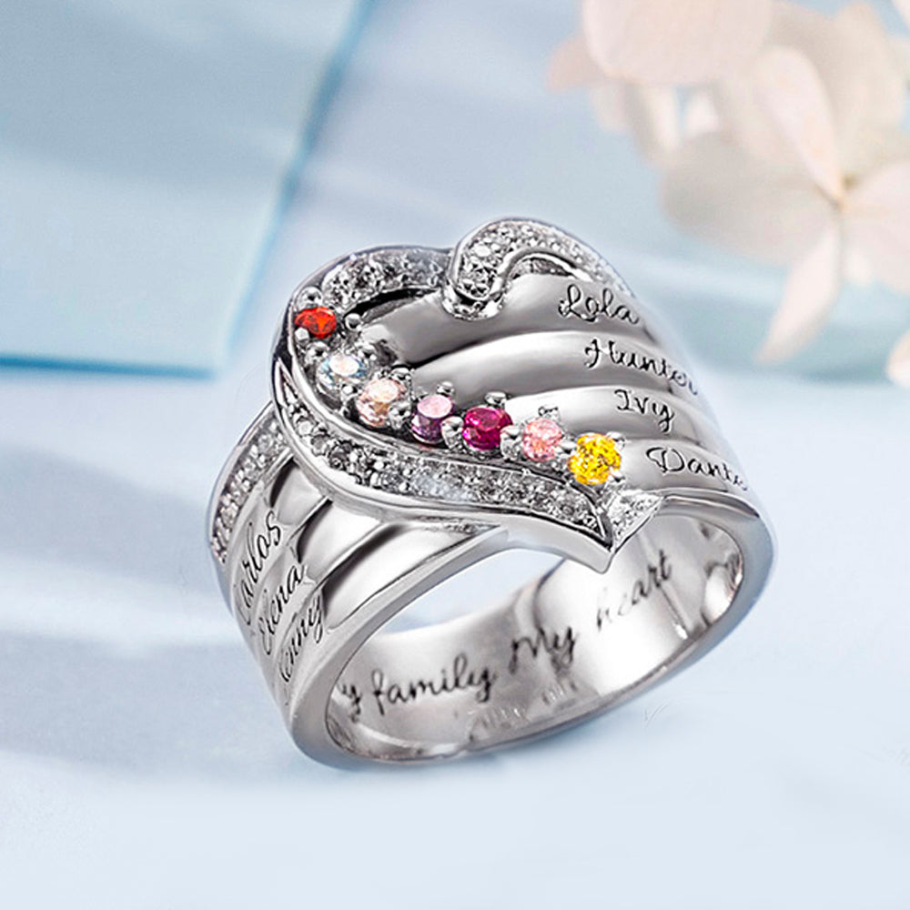 Personalized Heart 7 Birthstones Ring Family Ring Gift for Her