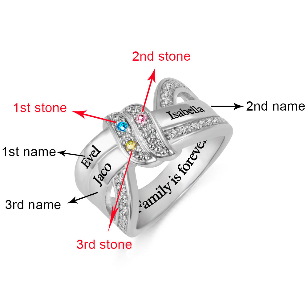 Engraved 3 Names and Birthstones Ribbon Ring with Easy to Read Font