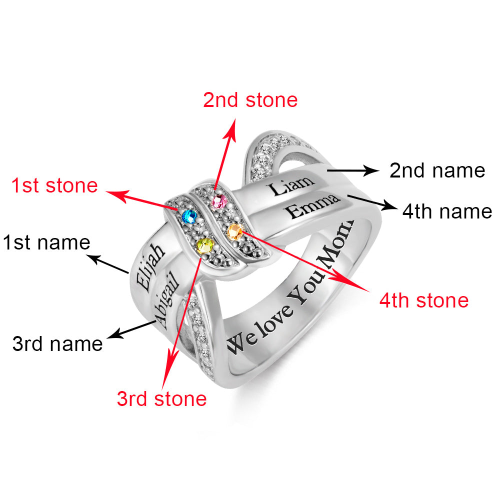 Engraved 4 Names and Birthstones Ribbon Ring with Easy to Read Font Sterling Silver