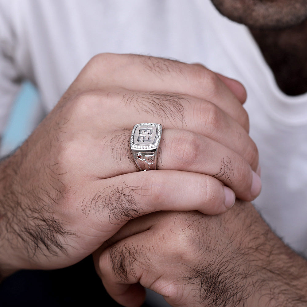 Engraved Basketball Signet Ring with Birthstone