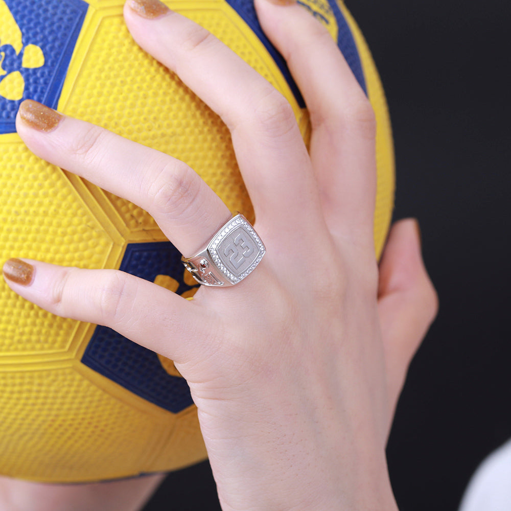 Engraved Basketball Signet Ring with Birthstone