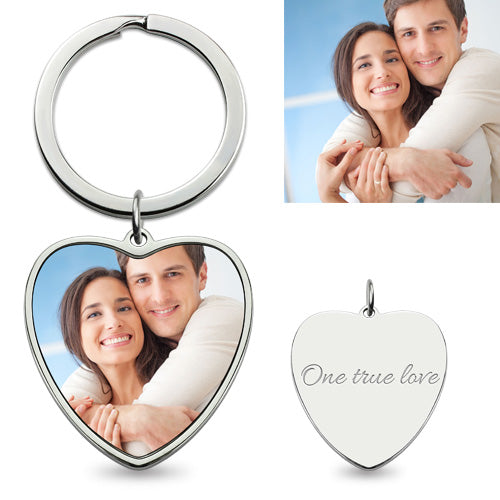 Engraved Heart Color Couple Photo KeyChain Stainless Steel