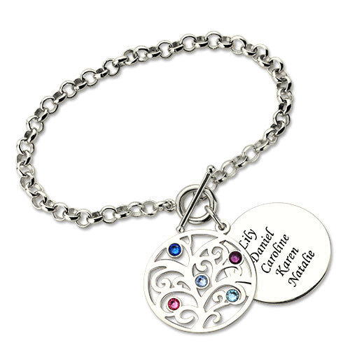 Engraved Family Tree Birthstone Bracelet Sterling Silver