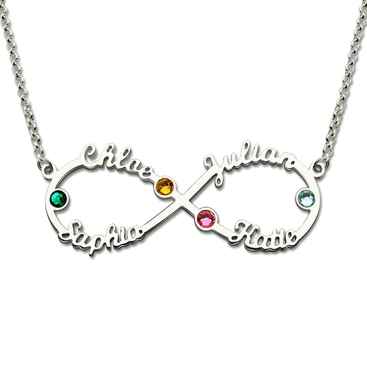 Personalized Infinity Four Name Necklace With Birthstones Sterling Silver