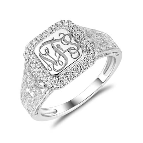 Personalized Monogram Ring With Cubic Zirconia Sterling Silver