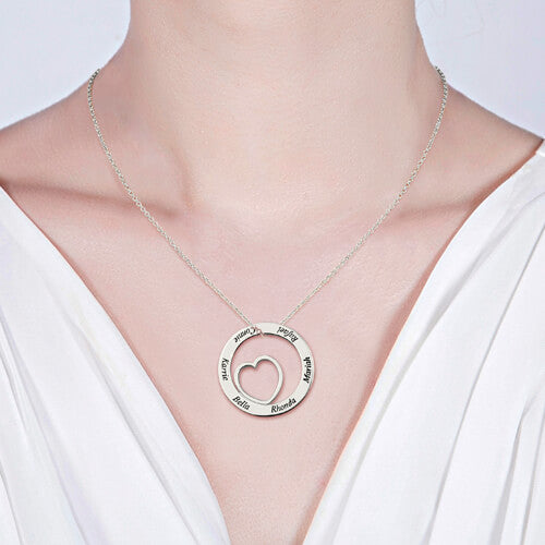 Engraved Heart Circle 6 Names Necklace Sterling Silver