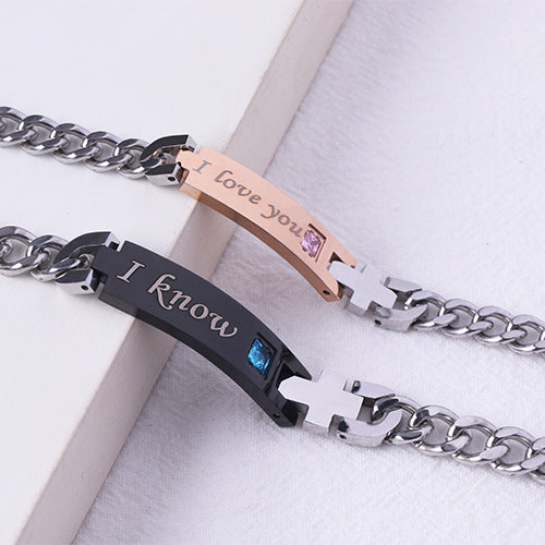 Engraved Cross Couple's Name Bracelet Stainless Steel