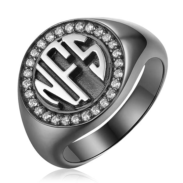 Personalized Circle Monogram CZ Ring Black plated