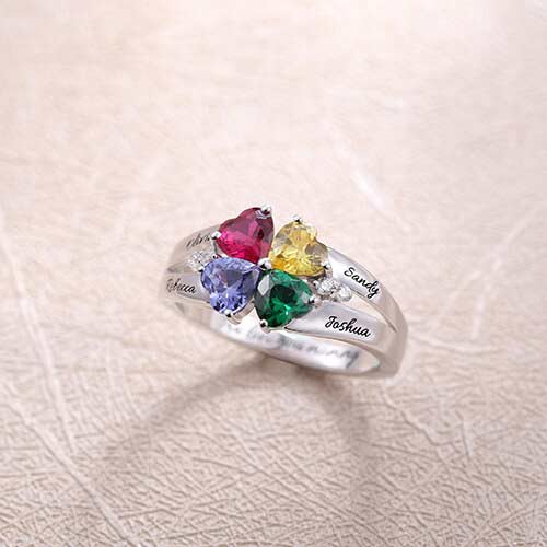 Custom Four-Heart Birthstone Engravable Ring Sterling Silver