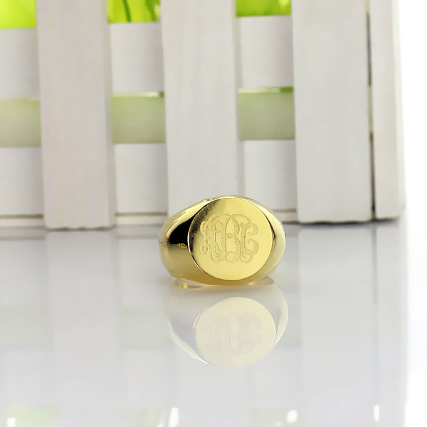 Engraved Circle Monogram Signet Ring 18K Gold Plated Sterling Silver