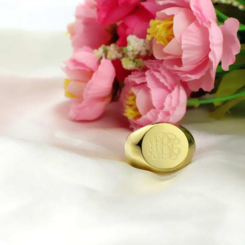 Engraved Circle Monogram Signet Ring 18K Gold Plated Sterling Silver