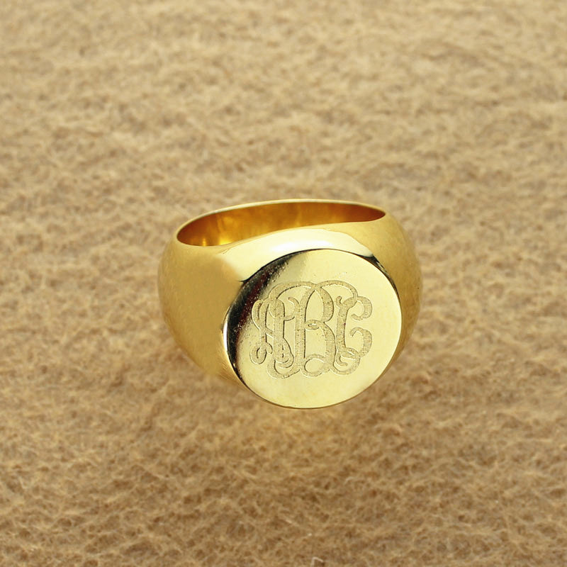 Engraved Circle Monogram Signet Ring 18K Gold Plated Sterling Silver