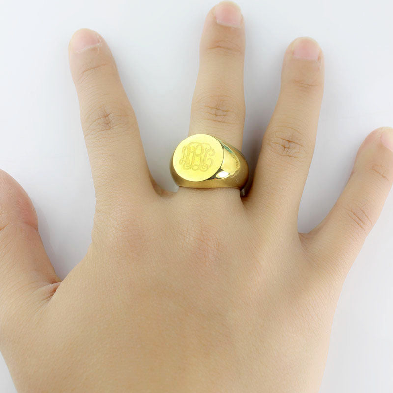 Engraved Circle Monogram Signet Ring 18K Gold Plated Sterling Silver