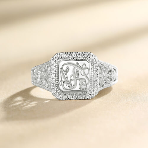 Personalized Monogram Ring With Cubic Zirconia Sterling Silver