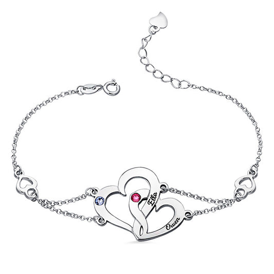 Engraved Interlocking Heart Birthstones Bracelet Sterling Silver