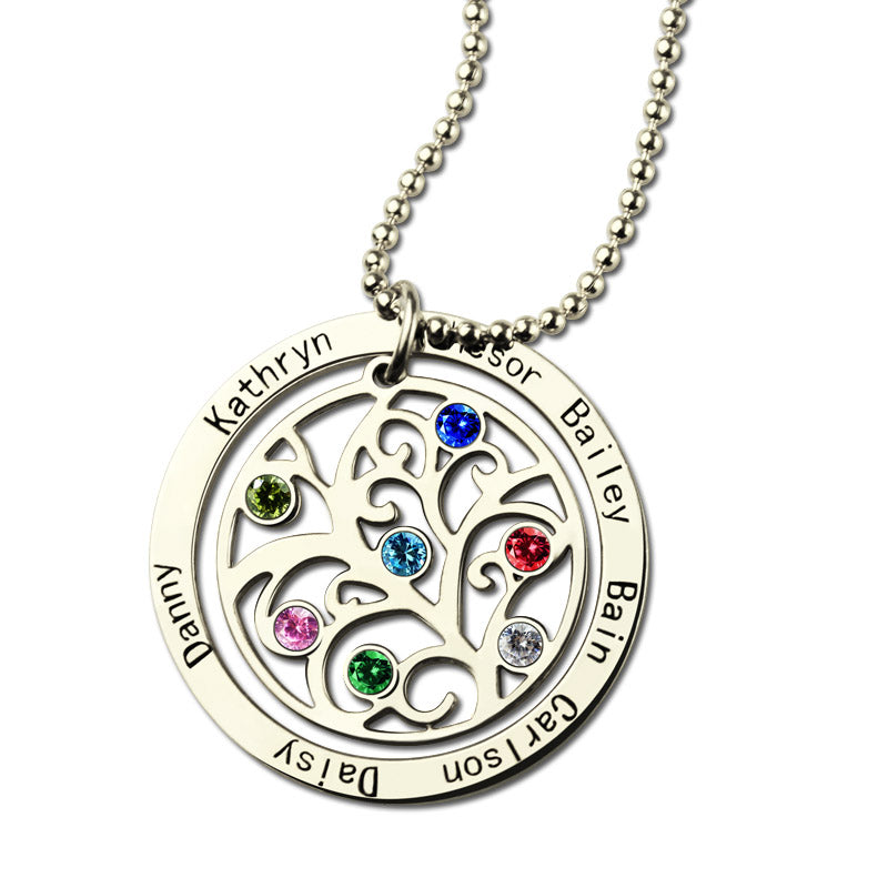 Personalized Circle Family Tree Birthstone 7 Names Necklace- Sterling Silver