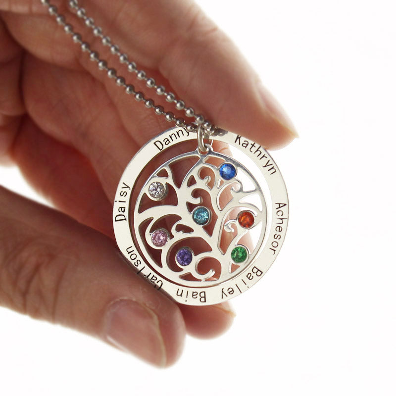 Personalized Circle Family Tree Birthstone 7 Names Necklace- Sterling Silver