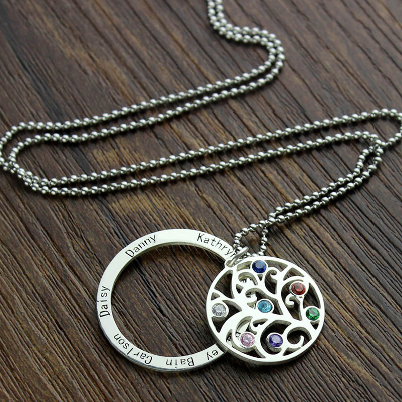 Personalized Circle Family Tree Birthstone 7 Names Necklace- Sterling Silver